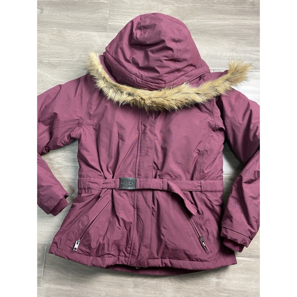 The North Face HyVent Down Parka Jacket Womens L Burgundy Faux Fur Hooded Belted